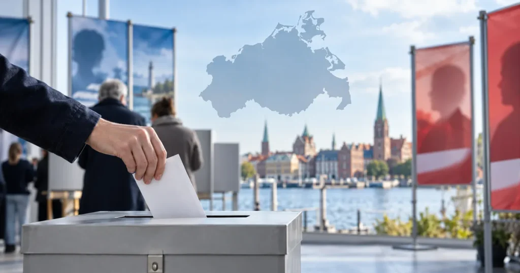 Glasač ubacuje glasački listić u kutiju tijekom izbora u Mecklenburg-Zapadnom Pomorju.