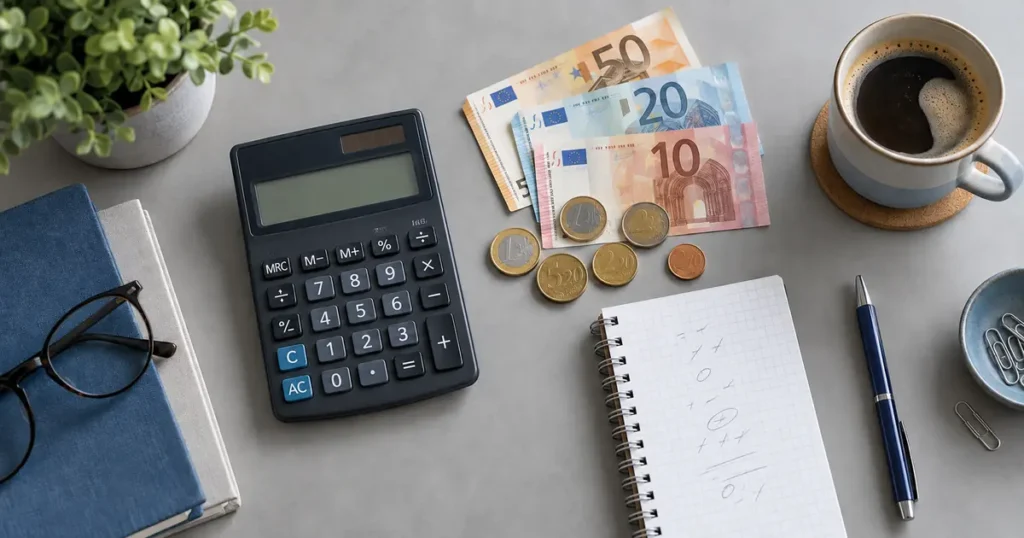 Alt opis: Kalkulator, euro novčanice, kovanice i bilježnica na uredno organiziranom kućnom stolu.