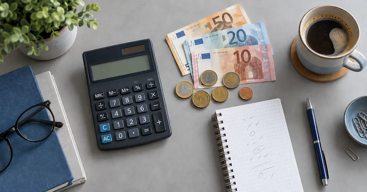 Alt opis: Kalkulator, euro novčanice, kovanice i bilježnica na uredno organiziranom kućnom stolu.