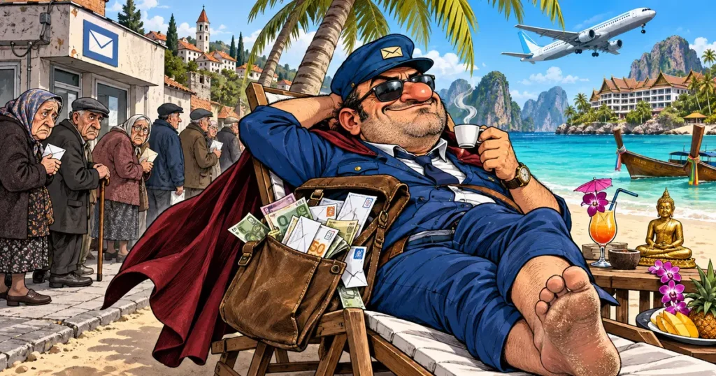 Satirična ilustracija poštara iz Čapljine na Tajlandu s kavom i torbom iz koje ispadaju novac i mirovinske kuverte.