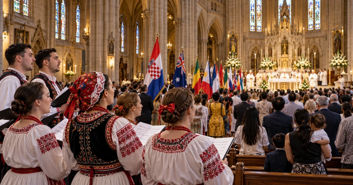 Hrvatski folkloraši u narodnim nošnjama na Misi svih naroda u Melbourneu, uz predstavnike drugih migrantskih zajednica.