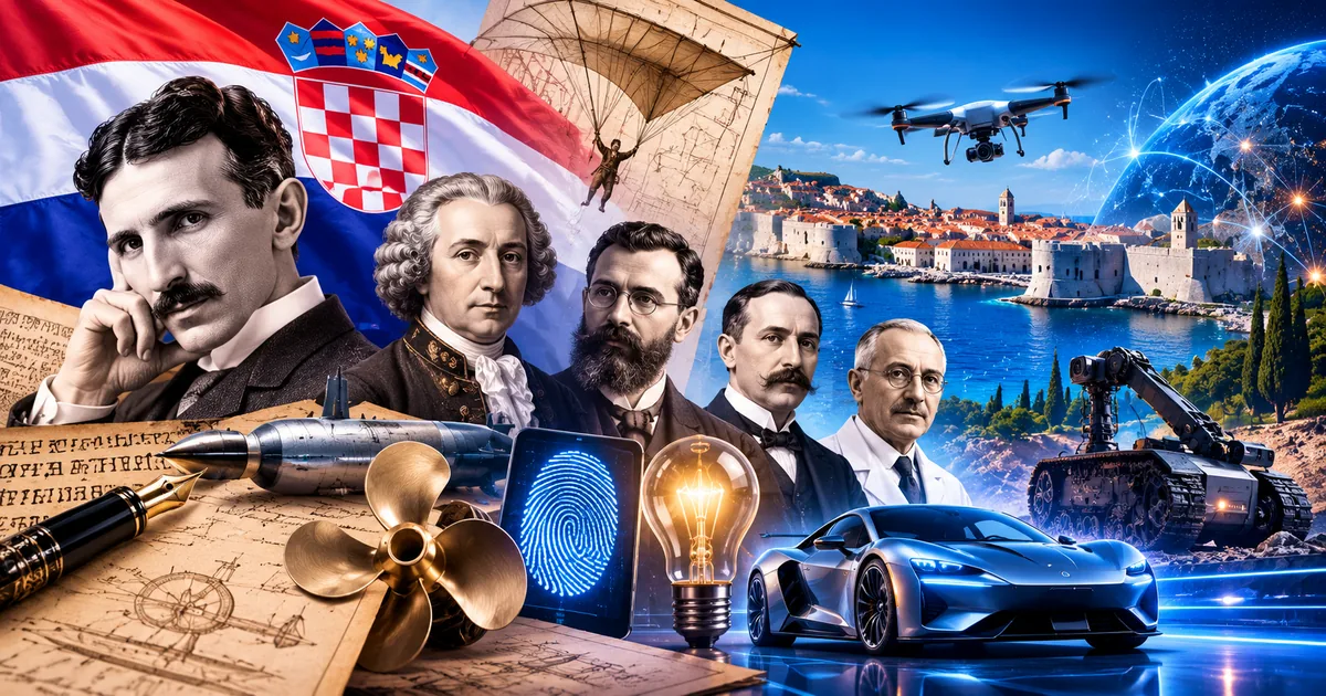 Ilustracija hrvatskih izumitelja i inovacija, od Nikole Tesle i povijesnih izuma do električnih automobila, robotike i dronova.