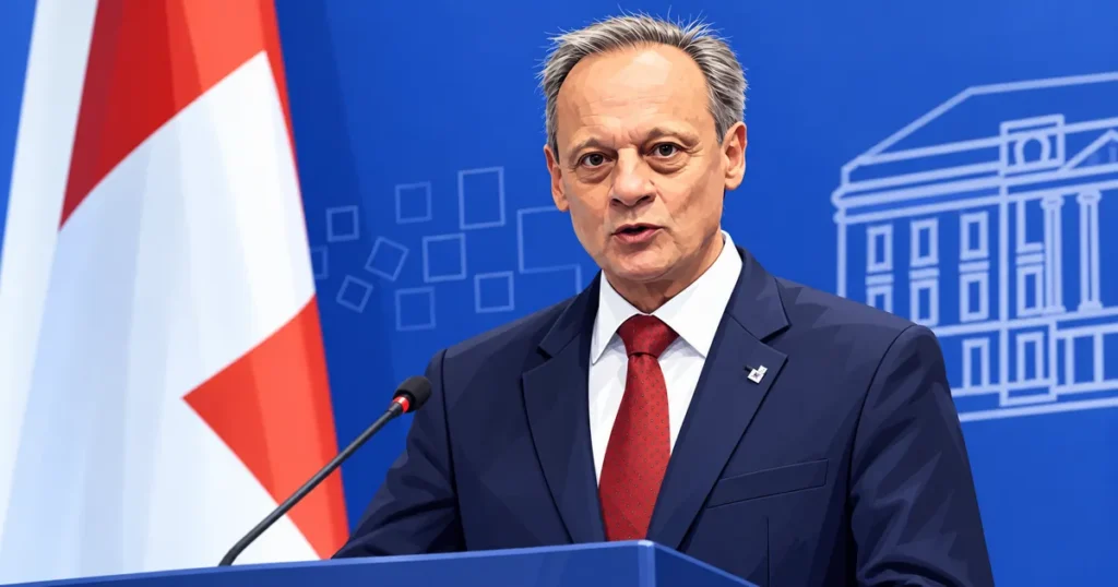 Predstavnik Švicarske tijekom službenog obraćanja ispred švicarske zastave.