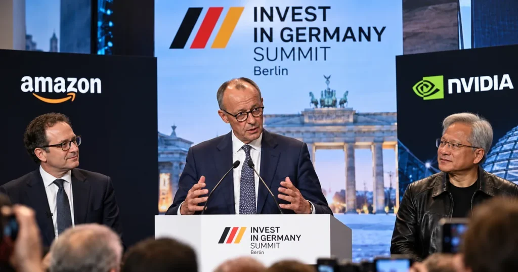 Ilustracija investicijskog summita u Berlinu s Friedrichom Merzom, Davidom Zapolskyjem i Jensenom Huangom.